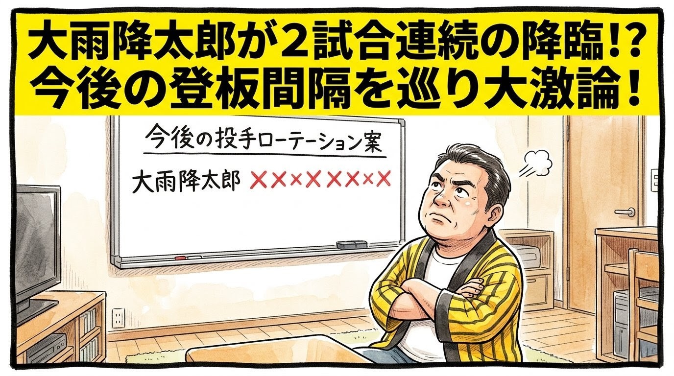 手書きイラスト風の一コマ漫画で表現されたブログアイキャッチ画像。画面最上部には鮮やかな黄色の極太バナーが横いっぱいに配置され、その上に黒の縁取りをした極太の黒文字で「大雨降太郎が２試合連続の降臨！？今後の登板間隔を巡り大激論！」というデカ文字が配置されている。少し引いた構図の部屋の中が舞台で、壁には手書きの日本語で「今後の投手ローテーション案」と書かれたホワイトボードがあり、「大雨降太郎」という文字の横にいくつかのバツ印が並んでいる。手前では、黄色と黒のストライプ柄の法被を着た恰幅の良い男性（大阪のおっちゃん風、メガネなし）が、ホワイトボードを見上げながら、大真面目かつ複雑な表情で腕を組んで考え込んでいる姿が描かれている。