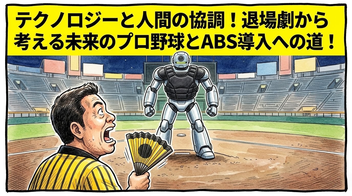 手書きイラスト風の一コマ漫画で表現されたブログアイキャッチ画像。画面最上部には鮮やかな黄色の極太バナーが横いっぱいに配置され、その上に黒の縁取りをした極太の黒文字で「テクノロジーと人間の協調！退場劇から考える未来のプロ野球とABS導入への道！」というデカ文字が躍っている。引きの構図の野球場グラウンドでは、中央に審判のプロテクターを身にまとった巨大でハイテクなロボットのシルエットがドンと力強く仁王立ちしている。手前左側では、黄色と黒のストライプ柄の法被を着た恰幅の良い男性（大阪のおっちゃん風、メガネなし）が、驚きと期待の入り混じった表情で口をぽかんと開けてロボット審判を見上げながら、応援ハリセンを握りしめている。温かみのある水彩絵の具の滲みと色鉛筆の繊細な斜線タッチの質感。全体を囲むマジックペン風のわざと不揃いで太い黒い線のコマ枠。漫符マークは一切なし。アスペクト比16:9。