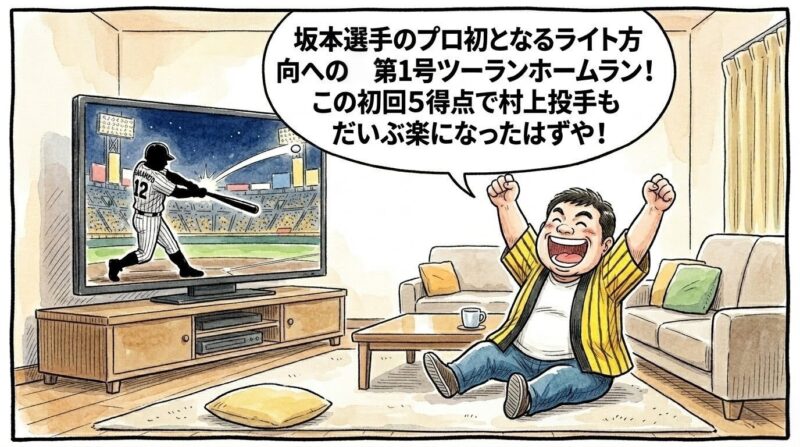 テレビに映る野球中継で坂本誠志郎捕手がライト方向へホームランを放った瞬間に大喜びし、黄色と黒のストライプ柄の法被を着て両手を高く上げながらバンザイをしている恰幅の良いお父ちゃんを描いた、温かみのある手書き風の一コマ漫画。テレビ画面の中には、ロゴなしの縦縞ユニフォームを着た打者のシルエットがライト方向へ見事な流し打ちを決めている美しい瞬間が映っている。16:9。