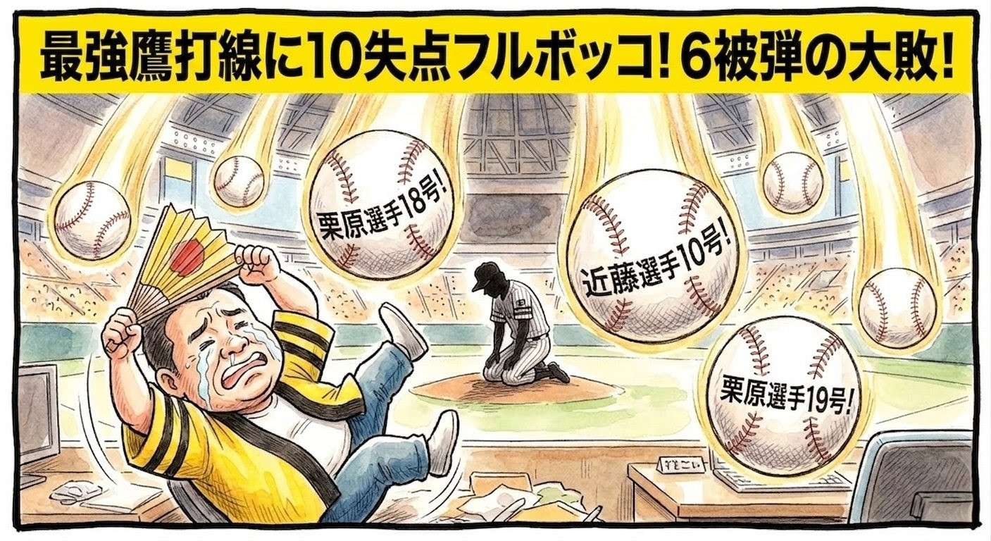 手書きイラスト風の一コマ漫画。上部に黄色いバナーとデカ文字。PayPayドームの天井から黄金のオーラを放つ「6本の巨大な野球ボール（ホームラン）」がメテオのように垂直に降り注ぎ、ボールには大きく手書きの日本語で「栗原選手18号！」「近藤選手10号！」と書かれている。マウンド上では、背番号「35」風の縦じまユニフォームを着た投手ががっくり膝をついている。画面手前左側では、黄色と黒のストライプ柄の法被を着た恰幅の良いお父ちゃんが、自分の応援ハリセンを頭上に掲げて盾にしながら、目から大粒の悔し涙を流して床へ仰向けに派手に大ズッコケしてひっくり返っている。温かみのある水彩と色鉛筆の質感。太い不揃いなマジックペンのコマ枠。漫符なし。アスペクト比16:9。