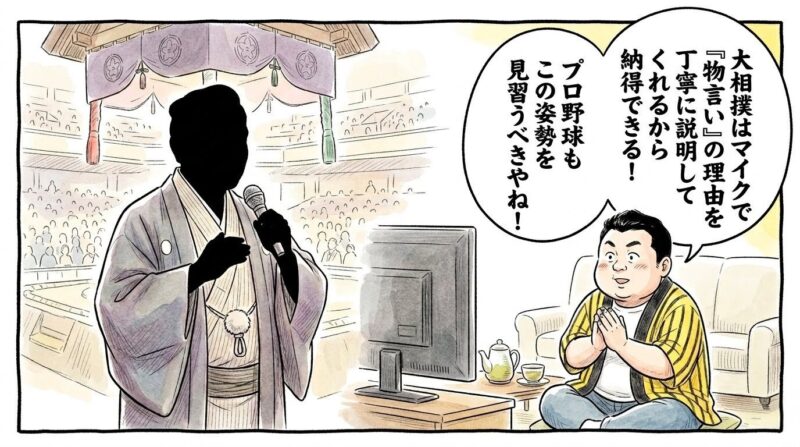 テレビの前で黄色と黒のストライプ柄の法被を着たお父ちゃんが、大相撲の親方がマイクを持って丁寧に「物言い」の解説をしている画面を見ながら、深く感心して手を叩いて拍手を送っている姿を描いた温かみのある一コマ漫画。画面は左右に対比するようなレイアウトで描かれており、左側にはマイクを持つ和服姿の親方のシルエット、右側には納得の表情で感心するお父ちゃんが配置されている。