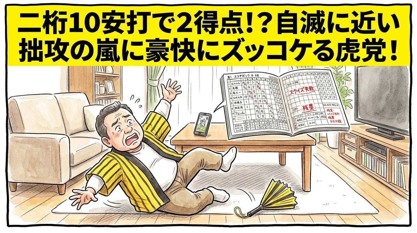 手書きイラスト風の一コマ漫画で表現されたブログアイキャッチ画像。画面最上部には鮮やかな黄色の極太バナーが横いっぱいに配置され、その上に黒の縁取りをした極太の黒文字で「二桁１０安打で２得点！？自滅に近い拙攻の嵐に豪快にズッコケる虎党！」というデカ文字が配置されている。少し引いた構図のリビングルームが舞台で、木目のテーブルの上には手書きの数字がびっしりと書かれた野球のスコアブックが開かれている。手前では、黄色と黒のストライプ柄の法被を着た恰幅の良い男性（大阪のおっちゃん風、メガネなし）が、スコアブックのデータを見て大ショックを受け、椅子からずり落ちて床の上へ後ろ向きに豪快にひっくり返るような、関西風のコミカルなズッコケポーズをとっている姿が描かれている。床には黄色と黒の応援ハリセンが転がっている。温かみのある水彩絵の具の滲みと色鉛筆の繊細な斜線タッチの質感。全体を囲むマジックペン風のわざと不揃いで太い黒い線のコマ枠。
