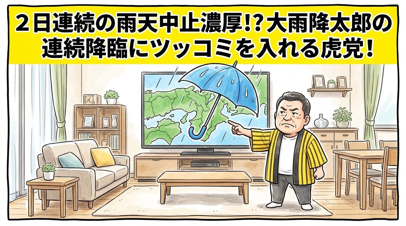 手書きイラスト風の一コマ漫画で表現されたブログアイキャッチ画像。画面最上部には鮮やかな黄色の極太バナーが横いっぱいに配置され、その上に黒の縁取りをした極太の黒文字で「２日連続の雨天中止濃厚！？大雨降太郎の連続降臨にツッコミを入れる虎党！」というデカ文字が配置されている。少し引いた構図のリビングルームが舞台で、壁の大きな液晶テレビには、関西地方の地図の上に巨大な手書き風の雨マーク（傘のマーク）が画面からはみ出すほど大げさに映し出されている。手前では、黄色と黒のストライプ柄の法被を着た恰幅の良い男性（大阪のおっちゃん風、メガネなし）が、ズッコケたりハリセンを持ったりせず、直立した姿勢のままテレビ画面の大きな雨マークを指さして「またお前か！」とあきれ顔でツッコミを入れている姿が描かれている。