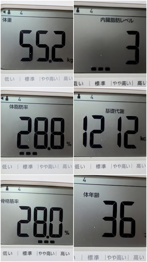 体重計の測定結果画面の6分割コラージュ写真。体重55.2kg、内臓脂肪レベル3、体脂肪率28.8%、基礎代謝1212kcal、骨格筋率28.0%、体年齢36歳とデジタル表示されている。