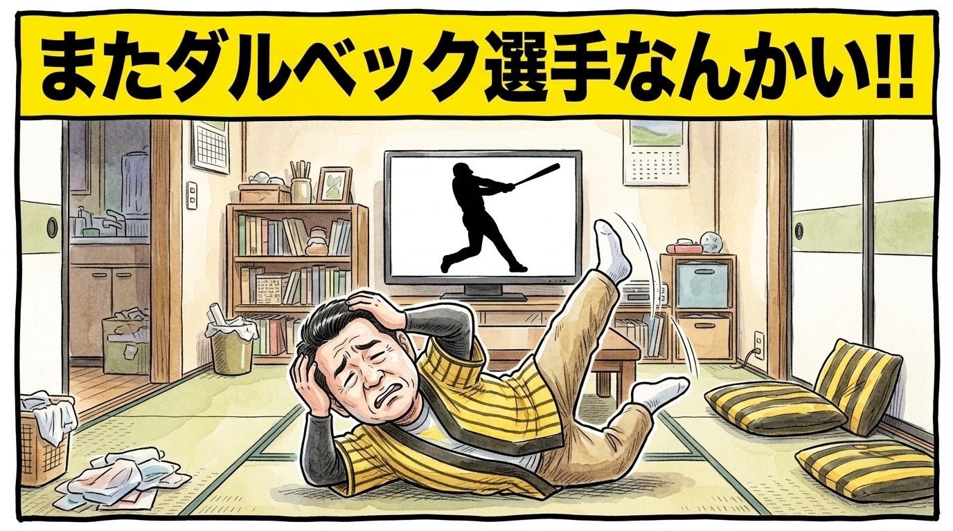 画面最上部に黄色の太いバナーで「またダルベック選手なんかい！！」と書かれた、テレビの前で頭を抱えてズッコケるお父ちゃんの一コマ漫画風アイキャッチ画像。テレビ画面には豪快なスイングのシルエット。水彩と色鉛筆の温かい質感の引きの構図。16:9。