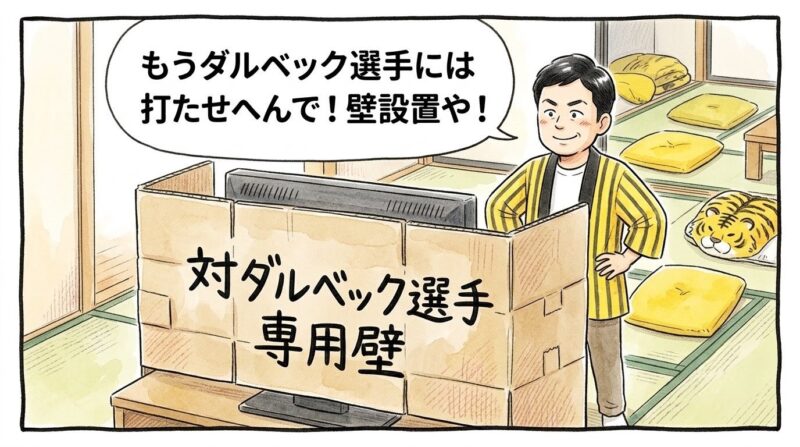テレビの前に「対ダルベック選手 専用壁」と書かれた巨大な手作りダンボール壁を設置し、法被姿で胸を張るお父ちゃんの一コマ漫画。頭上には「もうダルベック選手には打たせへんで！壁設置や！」という吹き出し。温かみのある水彩・色鉛筆タッチの引きの構図。16:9。