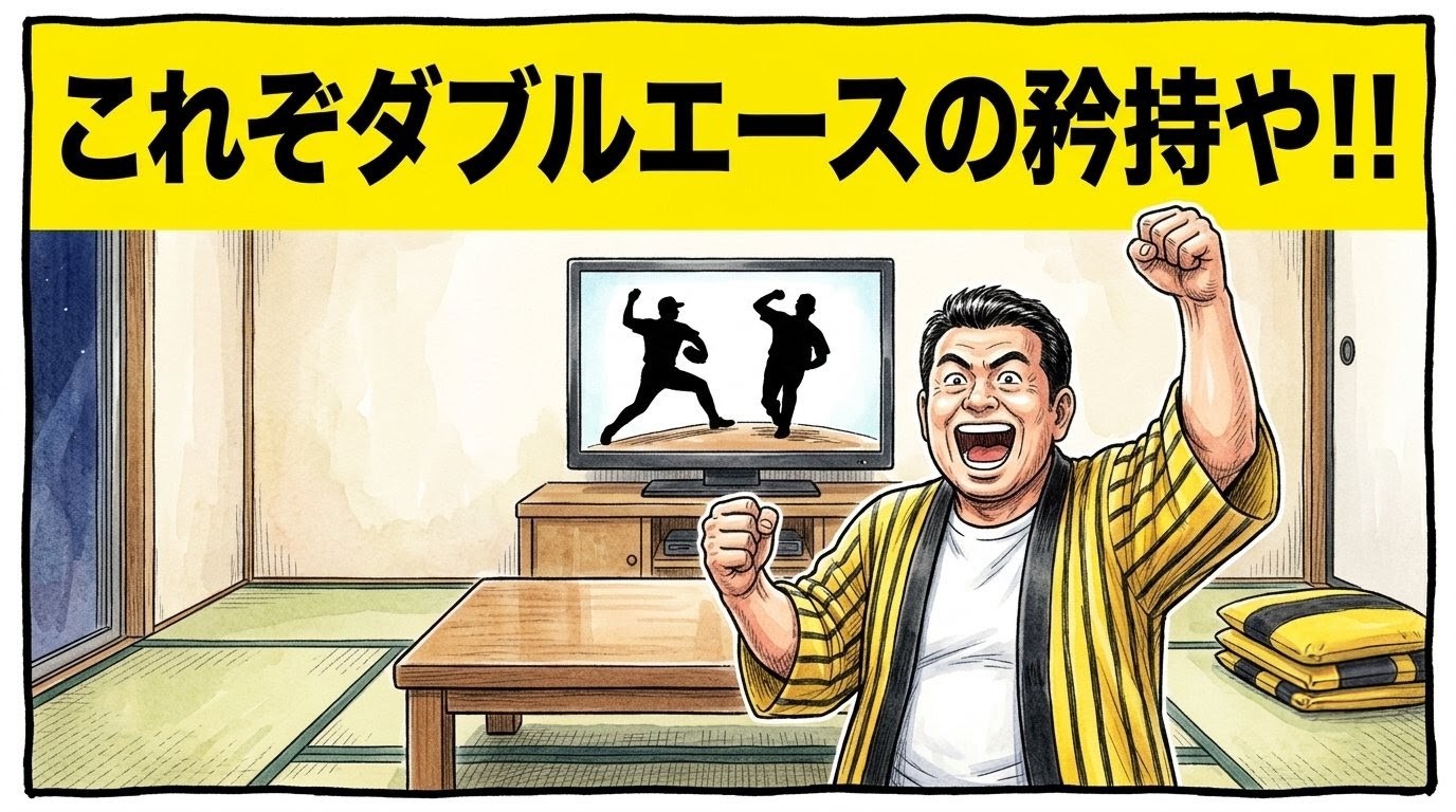 画面最上部に黄色の太いバナーで「これぞダブルエースの矜持や！！」と書かれた、テレビの前でガッツポーズして大喜びするお父ちゃんの一コマ漫画風アイキャッチ画像。テレビ画面には投手と打者の勝利のシルエット。水彩と色鉛筆の温かい質感の引きの構図。16:9。