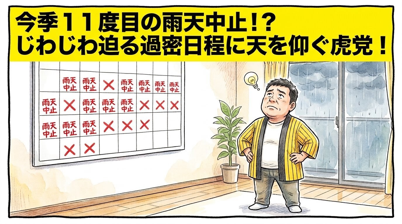 手書きイラスト風の一コマ漫画で表現されたブログアイキャッチ画像。画面最上部には鮮やかな黄色の極太バナーが横いっぱいに配置され、その上に黒の縁取りをした極太の黒文字で「今季１１度目の雨天中止！？じわじわ迫る過密日程に天を仰ぐ虎党！」というデカ文字が配置されている。少し引いた構図のリビングルームが舞台で、壁の大きなカレンダーには何箇所ものマスに「雨天中止」と手書きの大きな赤文字でばつ印と共に書かれている。手前では、黄色と黒のストライプ柄の法被を着た恰幅の良い男性（大阪のおっちゃん風、メガネなし）が、ズッコケポーズや応援ハリセンの描写を完全に封印し、直立した姿勢のまま両手を腰に当てて、天井を大真面目かつコミカルに見上げてため息をついている姿が描かれている。窓の外にはしとしとと雨が降っている様子。温かみのある水彩絵の具の滲みと色鉛筆の繊細な斜線タッチの質感。