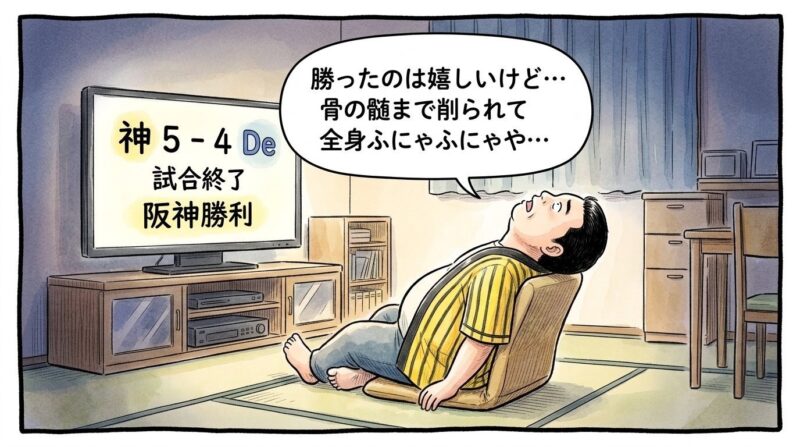 激闘のベイスターズ戦が終わった夜、静かなリビングの座椅子に深々と腰掛け、天井を見上げながら安堵の溜め息をついて脱力するお父ちゃんを描いた手書き風一コマ漫画。頭上の吹き出しには「勝ったのは嬉しいけど…今日はほんま骨の髄まで疲れ果てたわ」と書かれている。16:9。