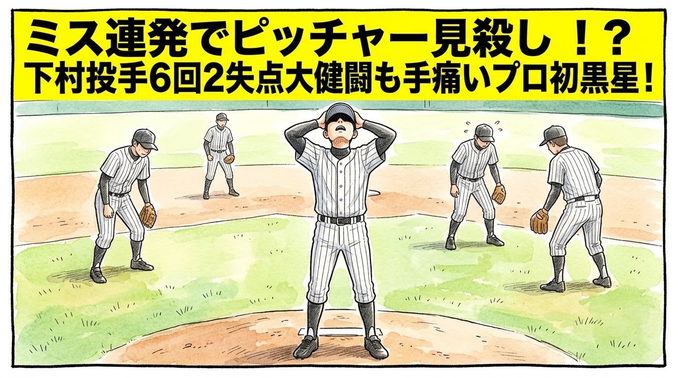 グラウンド上を舞台にした手書きイラスト風の一コマ漫画で表現されたブログアイキャッチ画像。画面最上部には注意を引く鮮やかな黄色の極太バナーが横いっぱいに配置され、その上に黒の縁取りをした極太の黒文字で「ミス連発でピッチャー見殺し！？下村投手６回２失点大健闘も手痛いプロ初黒星！」という特大のデカ文字が配置されている。少し引いた構図の野球場のマウンド付近が舞台で、手前ではロゴやマークが一切ないシンプルな縦縞ユニフォームを着てベースボールキャップを深く被った若い投手（顔は帽子のツバの影で隠れている）が、床ではなくマウンドの上で不自然なほどピシッと背筋を2ミリの狂いもなく垂直に伸ばして直立不動の姿勢をとったまま、両手で自分の頭をがっしりと挟み込んでガックリと天を仰いでいる。その背後では、同じユニフォームを着た先輩野手陣（全員顔はうつむいた角度や帽子で隠れている）が、申し訳なさそうにあわあわと慌てふためいた様子を見せながらも、まるでお笑いコントのオチのようにピシッと背筋を伸ばして直立したままフリーズしているという、最高にシュールでコミカルな選手主体の光景が描かれている。温かみのある水彩絵の具の滲みと色鉛筆の繊細な斜線タッチの質感。全体を囲むマジックペン風のわざと不揃いで太い黒い線のコマ枠。