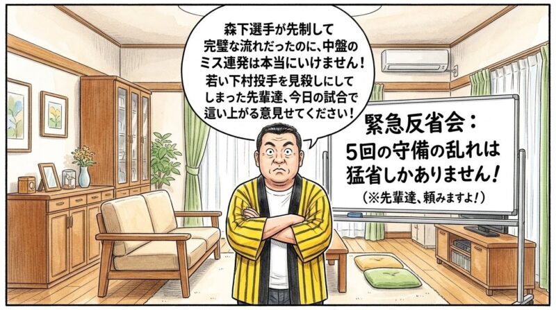 リビングルームのホワイトボードに書かれた「緊急反省会:5回の守備の乱れは猛省しかありません!(先輩達、頼みますよ!)」という手書き文字の前に、黄色と黒のストライプ柄の法被を着た恰幅の良いお父ちゃんが直立して立ち、まるでお堅い裁判官か重大ニュースの会見者になりきったかのように、不自然なほどピシッと背筋を1ミリの狂いもなく垂直に伸ばして腕を深く組み、カッと両目を丸く大きく見開いて唇を「への字」に強く結んだ、最高にシュールで大真面目な硬直顔を浮かべている姿を描いた、クスッと笑える手書き風の一コマ漫画。少し引いた構図の室内が舞台。16:9。