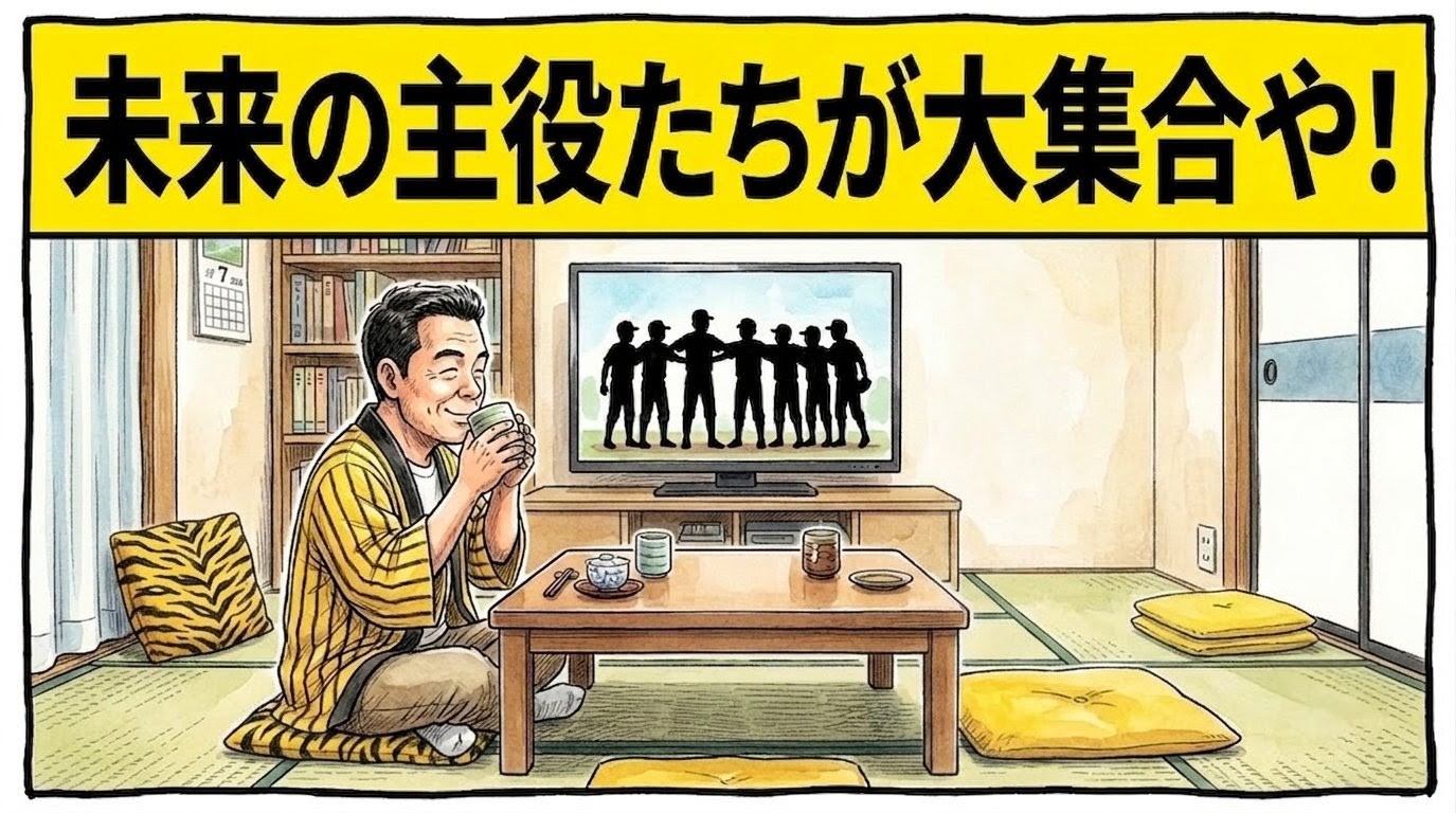 画面最上部に黄色の太いバナーで「未来の主役たちが大集合や！」と書かれた、ちゃぶ台でお茶を飲みながらニコニコテレビを見るお父ちゃんの一コマ漫画風アイキャッチ画像。テレビ画面には若手選手たちのシルエット。水彩と色鉛筆の温かい質感の引きの構図。16:9。