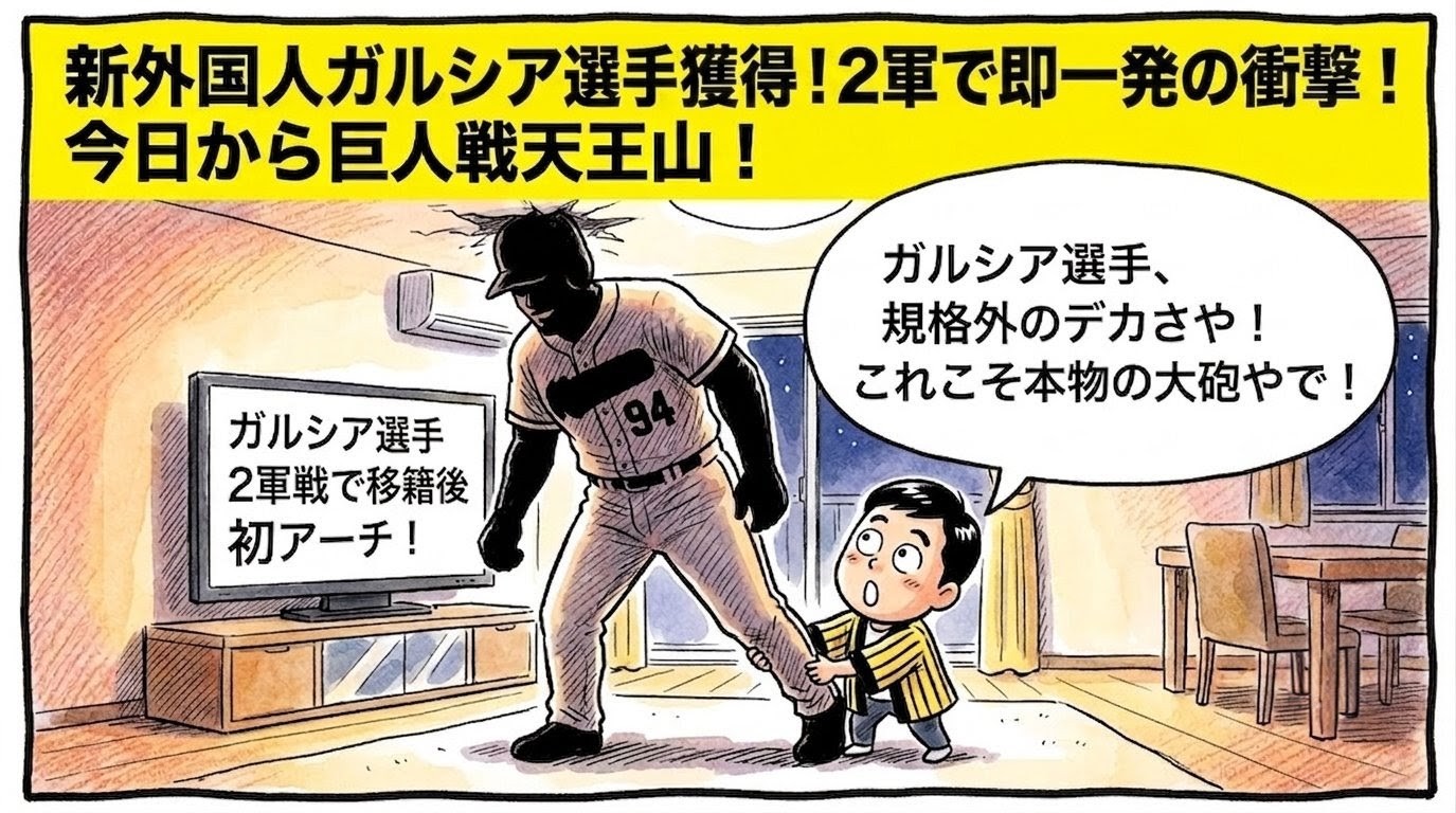 上部に黄色い帯で「新外国人ガルシア獲得！２軍で即一発の衝撃！今日から巨人戦天王山！」と大きな黒文字で書かれた一コマ漫画風アイキャッチ。リビングで超巨大なガルシア選手の足元に米粒のように小さくなったお父ちゃんがしがみつき、吹き出しで「ガルシア選手、規格外のデカさや！これこそ本物の大砲やで！」と驚いている。16:9。