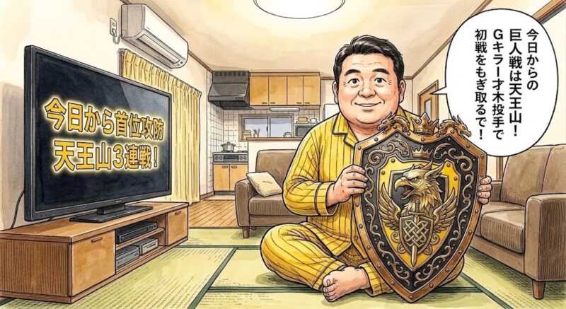 巨人の文字やロゴがない巨大な紙の盾を両手で抱え、直立不動の姿勢で固まっているお父ちゃんを描いた手書き風一コマ漫画。盾には黄色と黒のトラ柄リボンがついており、カッと目を見開いた笑顔のお父ちゃんの頭上には「今日からの巨人戦は天王山！Gキラー才木投手で初戦をもぎ取るで！」という吹き出しが付いている。16:9。
