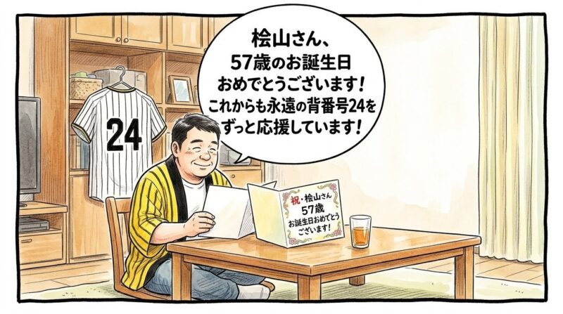 リビングルームの木目のテーブルに向かって椅子にのんびりと腰掛け、テーブルの上の大きなお祝いカードを優しい笑顔でまったりと見つめている、黄色と黒のストライプ柄の法被を着た恰幅の良いお父ちゃんを描いた、温かみのある手書き風の一コマ漫画。少し引いた構図の室内が舞台。背景の棚には背番号「24」とだけ大きく書かれた縦縞のユニフォームが綺麗に畳まれている。16:9。ロゴなし。漫符マークなし。