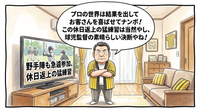 テレビに映る「休日返上の猛練習」というニュースを前に、まるでお偉い評論家になりきったように不自然なほどピシッと背筋を伸ばし、腕をがっちり深く組んで最高に大真面目な硬直顔を浮かべて直立するお父ちゃんを描いた、手書き風の一コマ漫画。リビングルームを少し引いた構図で描いており、全体をマジックペン風の太い不揃いなコマ枠が囲んでいる。水彩と色鉛筆の質感。漫符なし。16:9。ロゴなし。