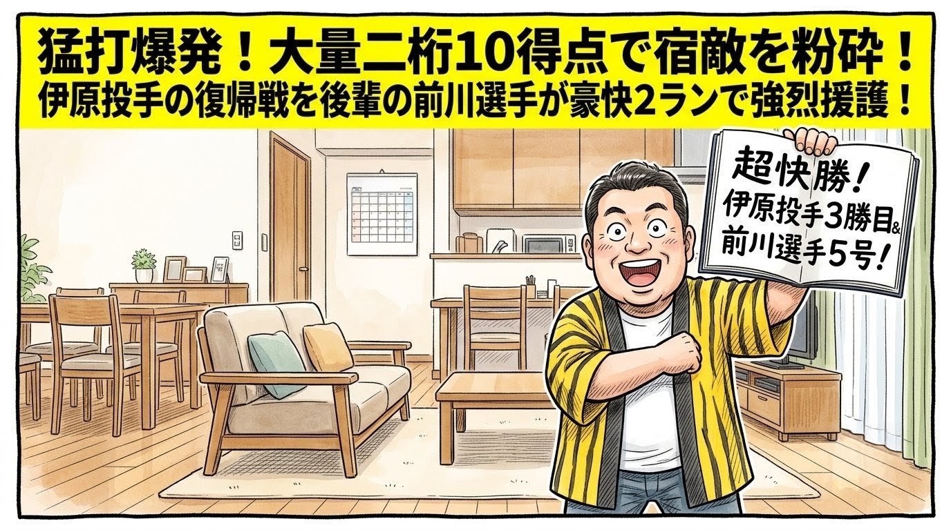 手書きイラスト風の一コマ漫画で表現されたブログアイキャッチ画像。画面最上部には注意を引く鮮やかな黄色の極太バナーが横いっぱいに配置され、その上に黒の縁取りをした極太の黒文字で「猛打爆発！大量二桁１０得点で宿敵を粉砕！伊原投手の復帰戦を後輩の前川選手が豪快２ランで強烈援護！」という特大のデカ文字が配置されている。少し引いた構図のリビングルームが舞台で、手前では黄色と黒のストライプ柄の法被を着た恰幅の良い男性（大阪のおっちゃん風、メガネなし）が、ズッコケポーズや応援ハリセンの描写を完全に封印し、床の上に不自然なほどピシッと背筋を伸ばして直立した姿勢のまま、お偉い大物解説者のように腕を深く組みつつ、片手で「超快勝！伊原投手３勝目＆前川選手５号！」と大きく手書きされたスケジュール手帳を誇らしげに高く掲げている。男性は両目をカッと大きく丸く見開き、口をこれ以上ないほど大きく開けた、最高にひょうきんで陽気な満面の「ドヤ顔の大笑顔」を浮かべている。温かみのある水彩絵の具の滲みと色鉛筆の繊細な斜線タッチの質感。全体を囲むマジックペン風のわざと不揃いで太い黒い線のコマ枠。漫符マークは一切なし。アスペクト比16:9。