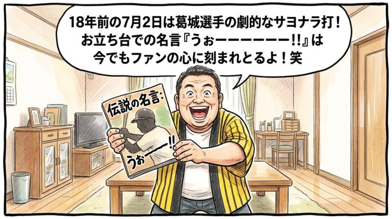 リビングルームの木目のテーブルの前に直立して立ち、手書きの日本語で「伝説の名言:うぉーーーーーーー!!」と大きな黒文字で書かれた昔の野球雑誌をコミカルに両手で前に突き出すように掲げている、黄色と黒のストライプ柄の法被を着た恰幅の良いお父ちゃんを描いた、温かみのある手書き風の一コマ漫画。お父ちゃんは雑誌の雄叫びを真似するように口を大きく開けてひょうきんな満面の笑顔を浮かべている。少し引いた構図の室内が舞台。16:9。