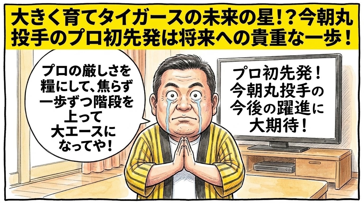 リビングルームを舞台にした手書きイラスト風の一コマ漫画で表現されたブログアイキャッチ画像。画面最上部には注意を引く鮮やかな黄色の極太バナーが横いっぱいに配置され、その上に黒の縁取りをした極太の黒文字で「大きく育てタイガースの未来の星！？今朝丸投手のプロ初先発は将来への貴重な一歩！」という特大のデカ文字が配置されている。少し引いた構図の室内が舞台で、手前中央では黄色と黒のストライプ柄の法被を着た恰幅の良いお父ちゃん（大阪のおっちゃん風、メガネなし）が、ズッコケポーズや応援ハリセンの描写を完全に封印し、床の上に不自然なほどピシッと背筋を2ミリの狂いもなく垂直に伸ばして直立不動の姿勢をとったまま、お祝いの式典に臨むかのように胸の前で両手をそっと合わせ、両目から綺麗な涙をザーザーと流して感動でフリーズしている。正面の大きな液晶テレビには「プロ初先発！今朝丸投手の今後の躍進に大期待！」という手書き風の日本語テロップが映し出されている。お父ちゃんの頭上には、スマホの小さな画面でも一瞬でストレスなく読めるよう、普段の1.5倍の大きさの丸くて大きな吹き出しが配置され、中には力強い手書きの太文字で「プロの厳しさを糧にして、焦らず一歩ずつ階段を上って大エースになってや！」と書かれている。温かみのある水彩絵の具の滲みと色鉛筆の繊細な斜線タッチの質感。全体を囲むマジックペン風のわざと不揃いで太い黒い線のコマ枠。漫符マークは一切なし。アスペクト比16:9。