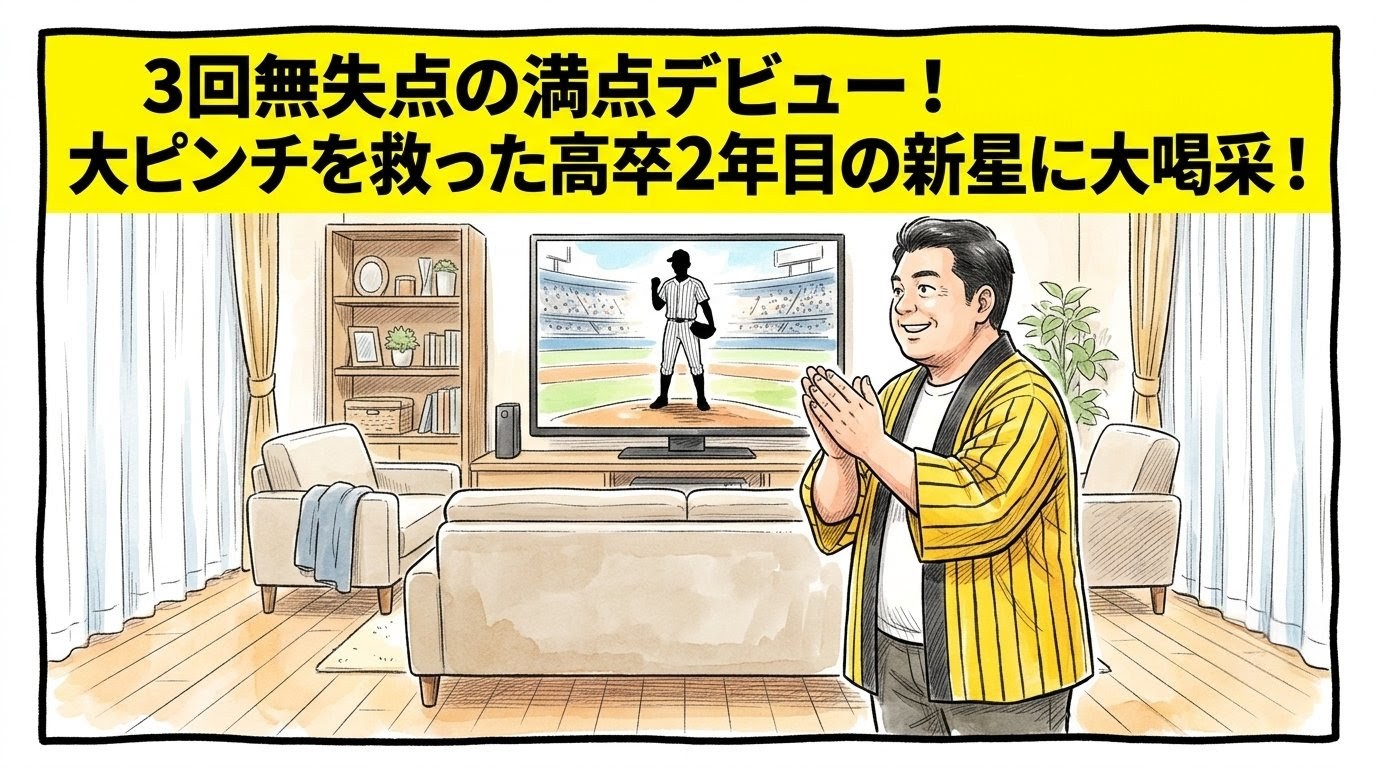 手書きイラスト風の一コマ漫画で表現されたブログアイキャッチ画像。画面最上部には鮮やかな黄色の極太バナーが横いっぱいに配置され、その上に黒の縁取りをした極太の黒文字で「３回無失点の満点デビュー！大ピンチを救った高卒２年目の新星に大喝采！」というデカ文字が配置されている。少し引いた構図のリビングルームが舞台で、背景の大きな液晶テレビには堂々と胸を張ってマウンドに立つ若い投手のシルエットが映し出されている。手前では、黄色と黒のストライプ柄の法被を着た恰幅の良い男性（大阪のおっちゃん風、メガネなし）が、ズッコケポーズや応援ハリセンの描写を完全に封印し、床の上にしっかり直立した姿勢のまま、未来のブルペンを背負う若虎へ向けて親心のような温かい深い笑顔を浮かべ、力強く温かい拍手を送っている姿が描かれている。温かみのある水彩絵の具の滲みと色鉛筆の繊細な斜線タッチの質感。全体を囲むマジックペン風のわざと不揃いで太い黒い線のコマ枠。漫符マークは一切なし。アスペクト比16:9。