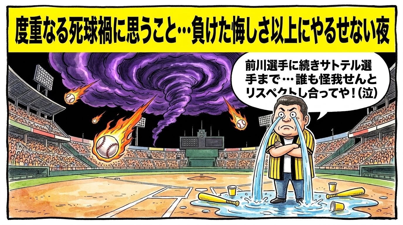 夜の野球場で、空から降り注ぐ野球ボール型の炎の隕石と不気味な紫色の暗雲に包まれながら、度重なる死球禍へのやるせなさで直立不動のまま両目から滝のような涙を流してコミカルに硬直するお父ちゃんを描いた手書き一コマ漫画風のアイキャッチ画像。