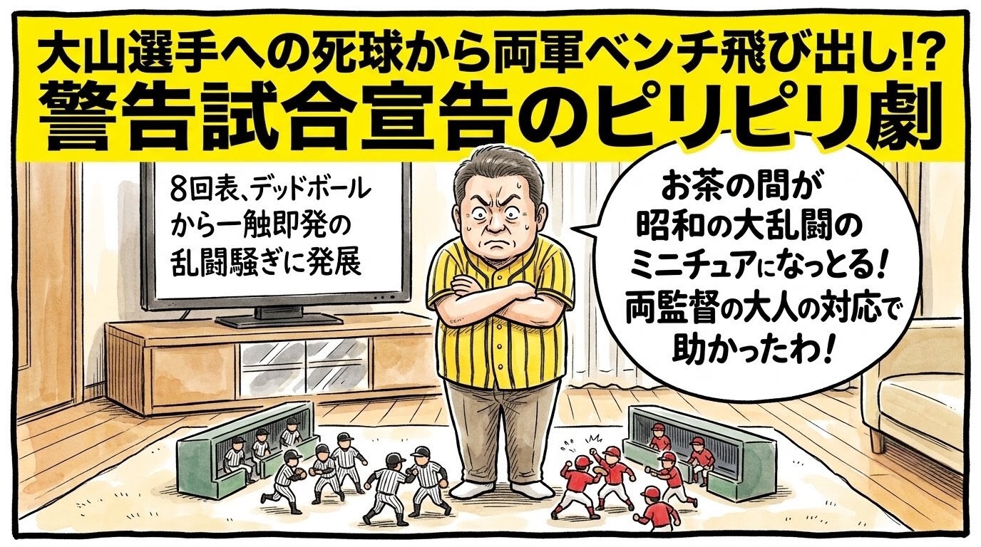 テレビの警告試合ニュースを前に、リビングの床のミニチュアセットから飛び出した両チームの選手たちがコミカルに乱闘をしているのを、黄色と黒の法被を着たお父ちゃんが直立不動でおびえきって見下ろしている様子を描いた手書き一コマ漫画風のアイキャッチ画像。画面最上部には「大山選手への死球から両軍ベンチ飛び出し！？警告試合宣告のピリピリ劇」という極太のデカ文字バナーが配置されている。16:9。