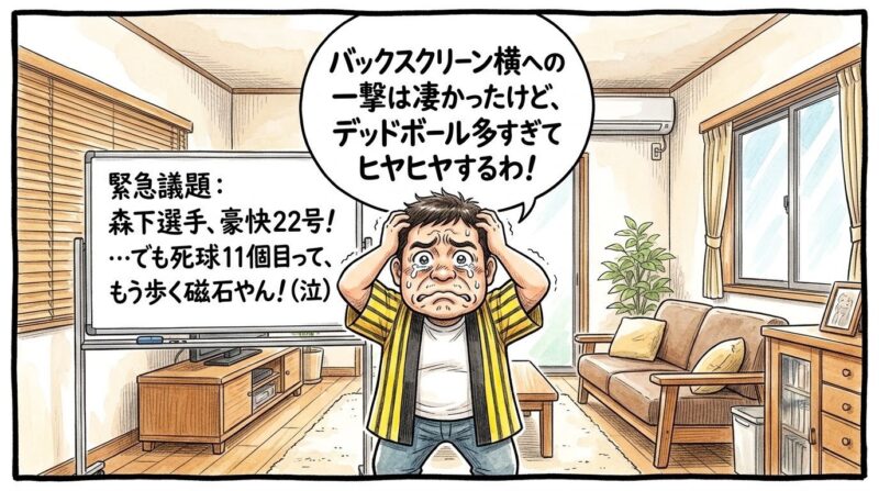 リビングルームで、黄色と黒のストライプ柄の法被を着た恰幅の良いお父ちゃんが、壁に掛けられた「緊急議題：森下選手、豪快２２号！…でも死球１1個目って、もう歩く磁石やん！（泣）」と手書きされたホワイトボードを前に、自分もいつ死球が当たるか分からないとおびえきった、最高に滑稽でひょうきんな泣きべそ顔を浮かべている。お父ちゃんは直立姿勢のまま、両手で自分の頭をがっしりと抱え込み、目を白黒させている。少し引いた構図の室内。クスッと笑える手書き風の一コマ漫画。16:9。ロゴなし。漫符マークなし。