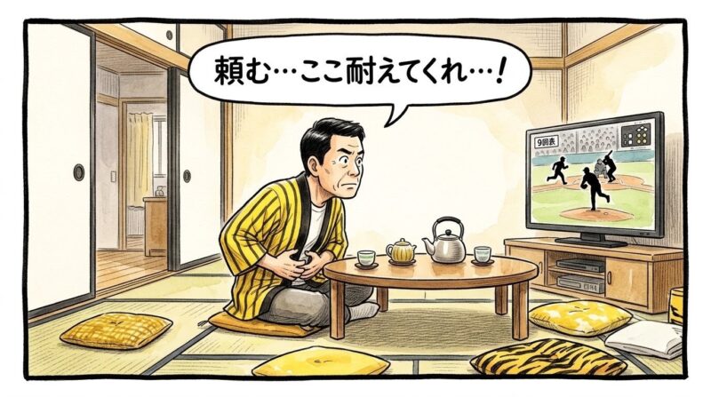 9回表の連打でピンチを招き、テレビの前でお腹を押さえて画面を凝視するお父ちゃんの一コマ漫画。頭上には「頼む…ここ耐えてくれ…!」という吹き出し。温かみのある水彩・色鉛筆タッチの引きの構図。16:9。