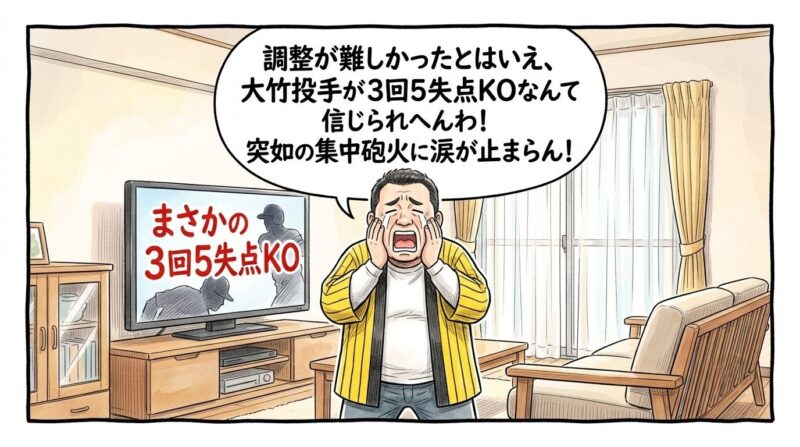 リビングルームの大きな液晶テレビに映る「3回5失点KO」という野球中継の画面を前に、黄色と黒のストライプ柄の法被を着た恰幅の良いお父ちゃんが、ズッコケポーズや応援ハリセンの描写を完全に封印し、床の上にしっかり直立した姿勢のまま、両手を頬に当ててコミカルに大げさな泣き顔を浮かべている姿を描いた、温かみのある手書き風の一コマ漫画。少し引いた構図の室内が舞台。16:9。ロゴなし。漫符マークなし。