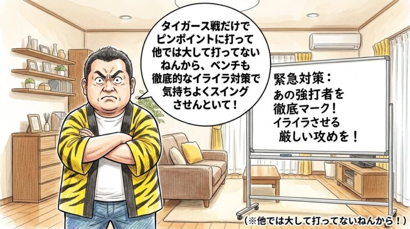 リビングルームのホワイトボードに書かれた「緊急対策:あの強打者を徹底マーク!イライラさせる厳しい攻めを!(他では大して打ってない!)」という文字の前に、黄色と黒のストライプ柄の法被を着た恰幅の良いお父ちゃんが直立して立ち、まるでお堅い国家の重大危機対策本部長になりきったかのように、不自然なほどピシッと背筋を伸ばして腕を深く組み、カッと目を丸く見開いて唇を「への字」に結んだ大真面目な硬直顔を浮かべている姿を描いた、クスッと笑える手書き風の一コマ漫画。少し引いた構図の室内が舞台。