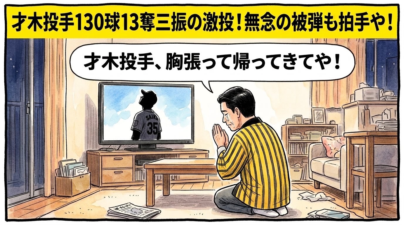画面最上部に「才木投手130球13奪三振の激投！無念の被弾も拍手や！」という黄色の極太バナーとデカ文字が入った一コマ漫画風アイキャッチ。テレビに映るマウンドで天を仰ぐ才木投手の背中シルエットに向かい、リビングで正座したお父ちゃんが涙をこらえながら深々と一礼して拝んでいる。頭上には「才木投手、胸張って帰ってきてや！」という大きな吹き出し。16:9。