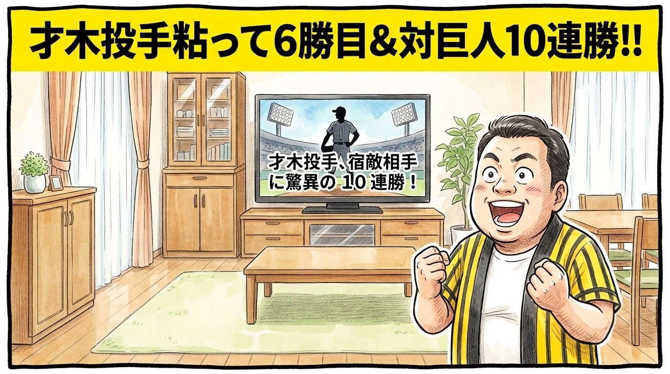手書きイラスト風の一コマ漫画で表現されたブログアイキャッチ画像。画面最上部には注意を引く鮮やかな黄色の極太バナーが横いっぱいに配置され、その上に黒の縁取りをした極太の黒文字で「才木投手粘って６勝目＆対巨人１０連勝！？前川選手の押し出しなど気迫で快勝！」というデカ文字が配置されている。少し引いた構図のリビングルームが舞台で、背景の液晶テレビには「宿敵相手に驚異の１０連勝！」という手書き風の日本語テロップが映し出されている。手前では、黄色と黒のストライプ柄の法被を着た恰幅の良い男性（大阪のおっちゃん風、メガネなし）が、ズッコケポーズや応援ハリセンの描写を完全に封印し、床の上にしっかり直立した姿勢のまま、お立ち台のエースになりきって顎を誇らしげに突き出し、目をカッと丸く大きく見開いて口をこれ以上ないほど大きく開けた、最高にひょうきんで陽気な満面の大笑顔を浮かべながら、両腕を力強く「ダブルガッツポーズ」して喜びを爆発させている非常にコミカルな姿が描かれている。温かみのある水彩絵の具の滲みと色鉛筆の繊細な斜線タッチの質感。全体を囲むマジックペン風のわざと不揃いで太い黒い線のコマ枠。漫符マークは一切なし。アスペクト比16:9。