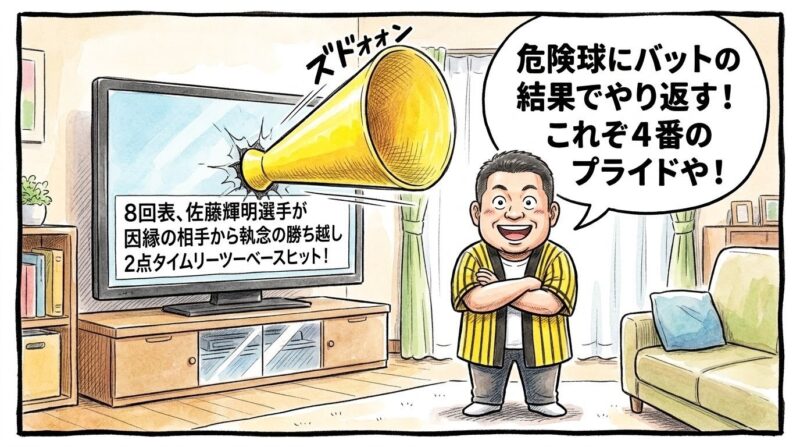テレビに映る佐藤輝明選手の勝ち越しタイムリーのニュースを前に、リビングで黄色と黒の法被を着たお父ちゃんが、背筋をピンと伸ばして深く腕を組み、満面のドヤ顔の笑顔で直立不動のままフリーズしている様子を描いた手書き一コマ漫画。テレビ画面からは興奮を表現する巨大な黄色いメガホンが飛び出している。16:9。