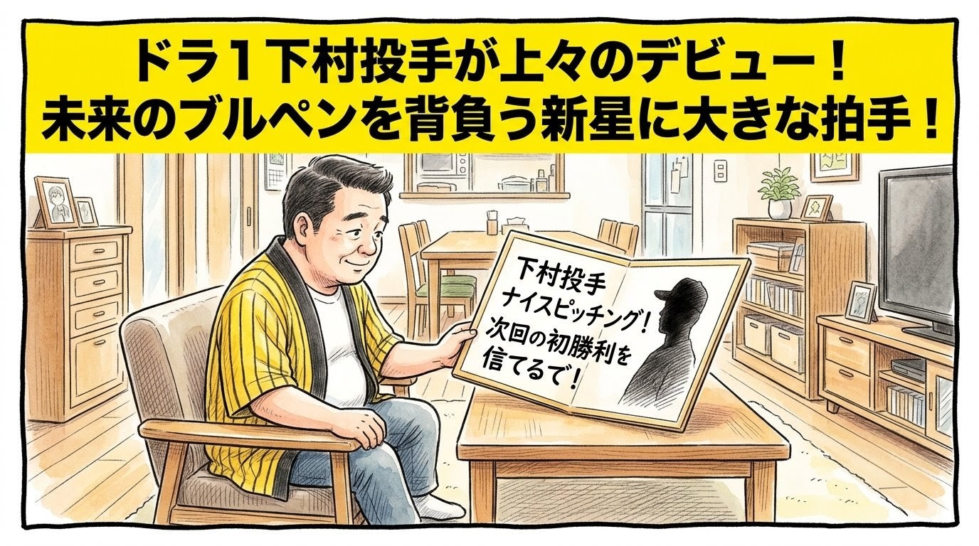 手書きイラスト風の一コマ漫画で表現されたブログアイキャッチ画像。画面最上部には鮮やかな黄色の極太バナーが横いっぱいに配置され、その上に黒の縁取りをした極太の黒文字で「ドラ１下村投手が上々のデビュー！未来のブルペンを背負う新星に大きな拍手！」というデカ文字が配置されている。少し引いた構図のリビングルームが舞台で、木目のテーブルの上には「下村投手 ナイスピッチング！次回の初勝利を信じてるで！」と手書きの太い日本語できれいに書かれた大きなお祝いボードが置かれている。手前では、黄色と黒のストライプ柄の法被を着た恰幅の良い男性（大阪のおっちゃん風、メガネなし）が、椅子にのんびりと腰掛け、そのボードを優しい笑顔でまったりと見つめている心温まる日常の一コマが描かれている。温かみのある水彩絵の具の滲みと色鉛筆の繊細な斜線タッチの質感。全体を囲むマジックペン風のわざと不揃いで太い黒い線のコマ枠。漫符マークは一切なし。アスペクト比16:9。
