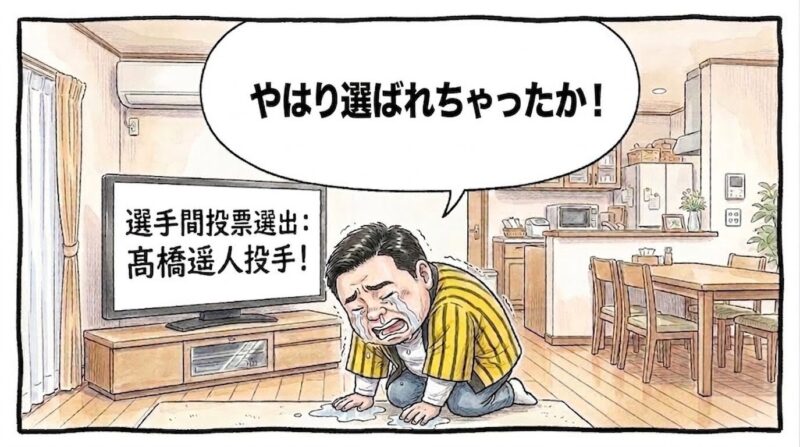 リビングルームの液晶テレビに映し出された「選手間投票選出:髙橋遥人投手!」という大きな日本語の手書きテロップの前に、黄色と黒のストライプ柄の法被を着た恰幅の良いお父ちゃんが直立して立ち、まるでお堅い式典の参列者のように不自然なほどピシッと背筋を垂直に伸ばして腕をがっちり深く組みながら、両目から大真面目に綺麗な涙の筋を真っ直ぐ下へと流してフリーズしている姿を描いた、手書き風の一コマ漫画。お父ちゃんの頭上には大きな吹き出しがあり、中には「やはり選ばれちゃったか!」というセリフが書かれている。16:9。