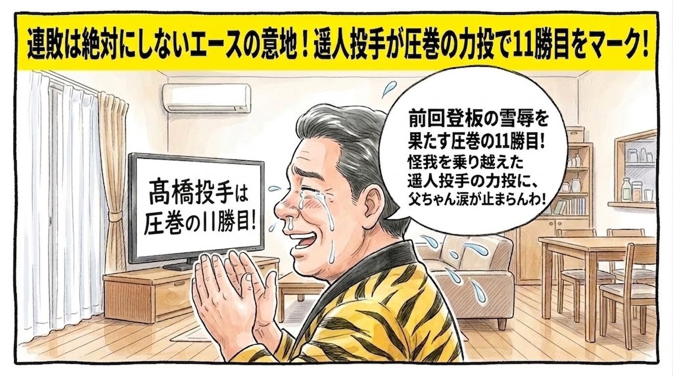 リビングルームを舞台にした手書きイラスト風の一コマ漫画で表現されたブログアイキャッチ画像。画面最上部には注意を引く鮮やかな黄色の極太バナーが横いっぱいに配置され、その上に黒の縁取りをした極太の黒文字で「連敗は絶対にしないエースの意地！遥人投手が圧巻の力投で１１勝目をマーク！」という特大のデカ文字が配置されている。少し引いた構図の室内が舞台で、手前中央では黄色と黒のストライプ柄の法被を着た恰幅の良いお父ちゃん（大阪のおっちゃん風、メガネなし）が、ズッコケポーズや応援ハリセンの描写を完全に封印し、床の上に不自然なほどピシッと背筋を2ミリの狂いもなく垂直に伸ばして直立不動の姿勢をとったまま、テレビに向かって静かに直立して拍手を送っている感動的な後ろ姿で立っている。正面の大きな液晶テレビには、完投に迫る力投でリベンジの11勝目を挙げ、インタビューに嬉しそうに応じている投手のハイライト映像が映し出されている（実在するロゴや特定の顔はなし）。お父ちゃんの頭上には、スマホの小さな画面でも一瞬でストレスなく読めるよう、普段の1.5倍の大きさの丸くて大きな吹き出しが配置され、中には力強い手書きの太文字で「前回登板の雪辱を果たす圧巻の１１勝目！怪我を乗り越えた遥人投手の力投に、父ちゃん涙が止まらんわ！」と書かれている。温かみのある水彩絵の具の滲みと色鉛筆の繊細な斜線タッチの質感。全体を囲むマジックペン風のわざと不揃いで太い黒い線のコマ枠。漫符マークは一切なし。アスペクト比16:9。