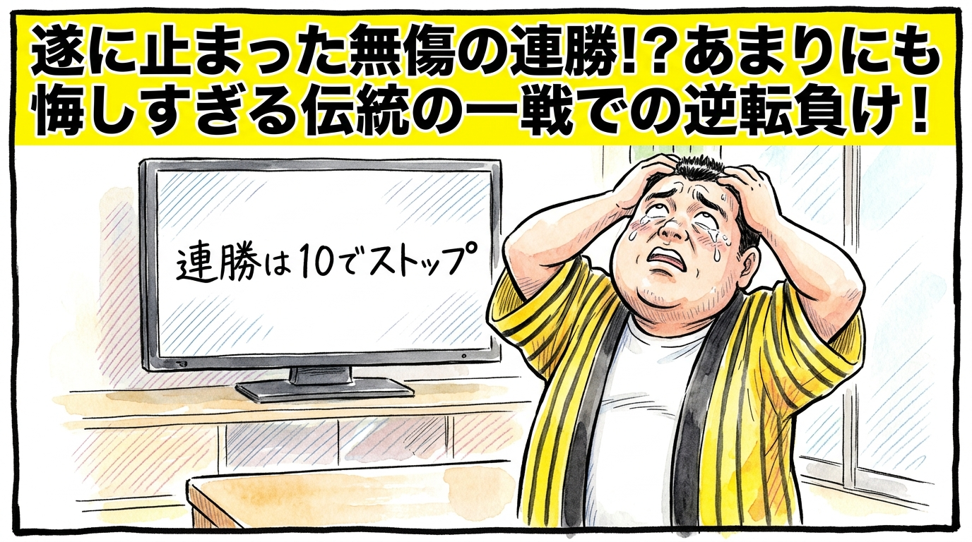 手書きイラスト風の一コマ漫画で表現されたブログアイキャッチ画像。画面最上部には注意を引く鮮やかな黄色の極太バナーが横いっぱいに配置され、その上に黒の縁取りをした極太の黒文字で「遂に止まった無傷の連勝！？あまりにも悔しすぎる伝統の一戦での逆転負け！」というデカ文字が配置されている。少し引いた構図のリビングルームが舞台で、背景の液晶テレビには「連勝は１０でストップ」という手書き風の日本語テロップが映し出されている。手前では、黄色と黒のストライプ柄の法被を着た恰幅の良い男性（大阪のおっちゃん風、メガネなし）が、ズッコケポーズや応援ハリセンの描写を完全に封印し、床の上に不自然なほどピシッと背筋を伸ばして直立した姿勢のまま、両手で頭をがっしりと挟み込んで「あそこからひっくり返されるなんて〜！」と、魂が抜けたような白目を剥きかけたお茶目な表情で天を仰いでいる非常にコミカルな姿が描かれている。温かみのある水彩絵の具の滲みと色鉛筆の繊細な斜線タッチの質感。全体を囲むマジックペン風のわざと不揃いで太い黒い線のコマ枠。漫符マークは一切なし。アスペクト比16:9。