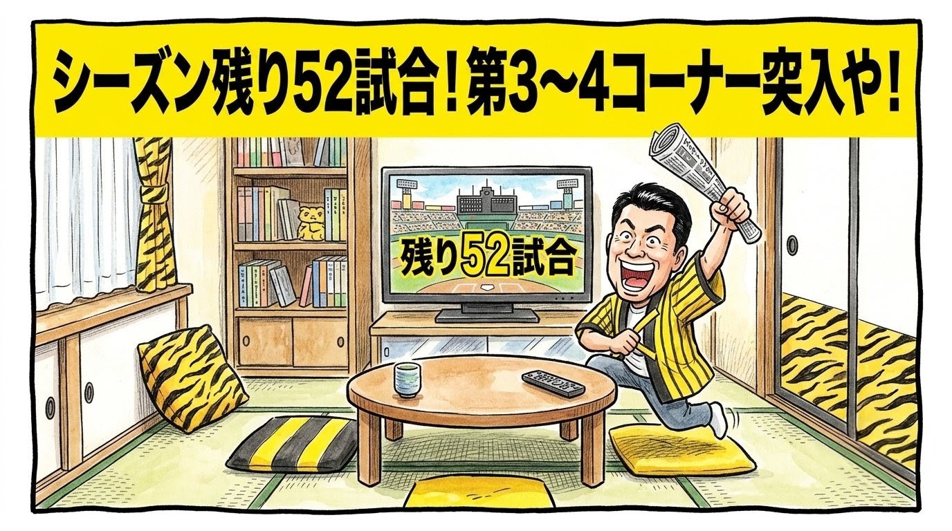 画面最上部に黄色の太いバナーで「シーズン残り52試合！第３〜４コーナー突入や！」と大きく書かれた、テレビの野球中継を見ながら乗馬の体勢で丸めた新聞を掲げて盛り上がる法被姿のお父ちゃんの一コマ漫画風アイキャッチ画像。日本の茶の間全体を捉えた引きの構図。16:9。