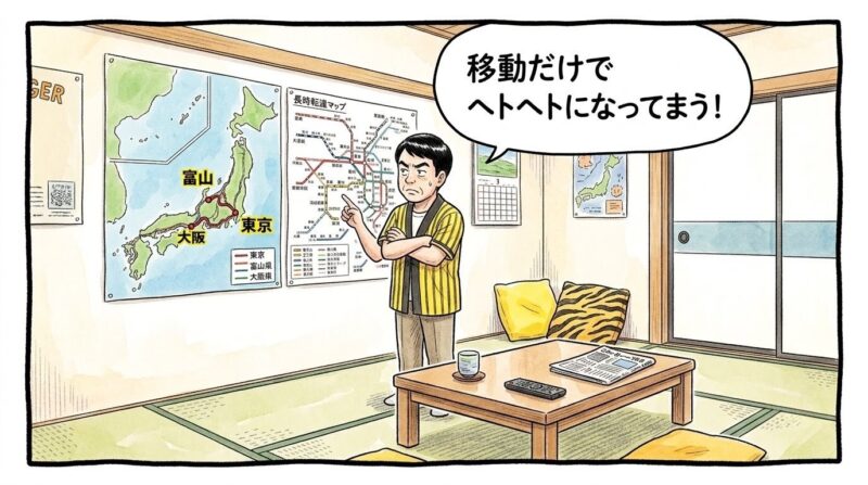 壁に貼られた日本地図と移動路線図を見つめながら、「移動だけでヘトヘトになってまう！」とオールスターの過密日程に呆れ顔で物申すお父ちゃんの一コマ漫画。水彩と色鉛筆の温かい質感の引きの構図。16:9。