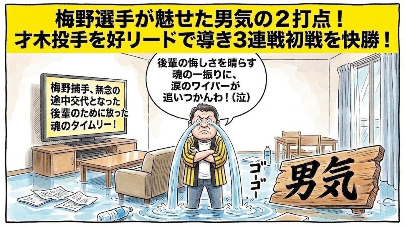リビングルームを舞台にした手書きイラスト風の一コマ漫画で表現されたブログアイキャッチ画像。画面最上部には注意を引く鮮やかな黄色の極太バナーが横いっぱいに配置され、その上に黒の縁取りをした極太の黒文字で「梅野選手が魅せた男気の２打点！才木投手を好リードで導き３連戦初戦を快勝！」という特大のデカ文字が配置されている。少し引いた構図の室内は、テレビから吹き出した男気の烈火と、手前のお父ちゃんの目から溢れ出た滝のような涙の大洪水によって凄まじいカオス空間と化している。中央では黄色と黒のストライプ柄の法被を着た恰幅の良いお父ちゃん（大阪のおっちゃん風、メガネなし）が、不自然なほどピシッと背筋を2ミリの狂いもなく垂直に伸ばして直立不動の姿勢をとったまま両腕を胸の前でがっちり深く組んでフリーズしている。お父ちゃんは両目をカッと大きく丸く見開き、口をへの字に強く結んだ大真面目な硬直顔を浮かべているが、両目からは極太の青い川のような涙がゴーゴーと勢いよく床へ流れ落ちている。室内はひざ下まで涙の水で満たされており、ソファやテーブル、そして「男気」と墨で書かれた巨大な木の看板が波に揉まれてプカプカと浮き沈みしている。背景の大きな液晶テレビからは真っ赤な炎のオーラがメラメラと部屋中に向かって爆発するように吹き出しており、水と火が衝突して白い湯気がモクモクと立ち込めているシュールでダイナミックな引きの構図。お父ちゃんの頭上には普段の1.5倍の大きさの丸くて大きな吹き出しがあり、中には力強い手書きの太文字で「後輩の悔しさを晴らす魂の一振りに、父ちゃん涙のワイパーが追いつかんわ！（泣）」と書かれている。温かみのある水彩絵の具の滲みと色鉛筆の繊細な斜線タッチの質感。全体を囲むマジックペン風のわざと不揃いで太い黒い線のコマ枠。漫符マークは一切なし。アスペクト比16:9。
