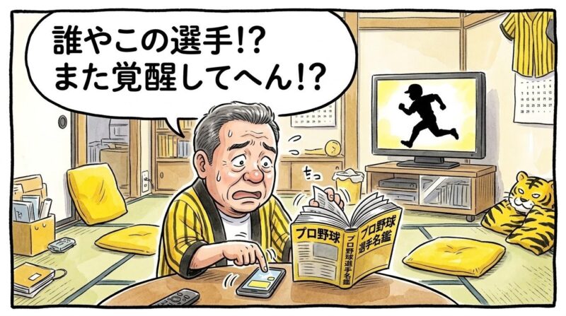 テレビの前で片手にスマホ、片手に分厚いプロ野球選手名鑑を持ち、相手チームの知らない若手選手の活躍に焦ってページをめくるお父ちゃんの一コマ漫画。頭上には「誰やこの選手!?また覚醒してへん!?」という吹き出し。温かみのある水彩・色鉛筆タッチの引きの構図。16:9。