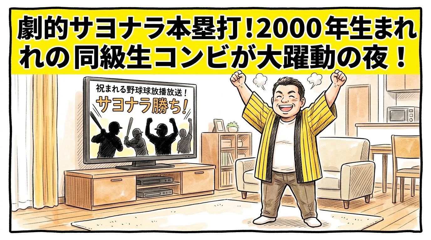 手書きイラスト風の一コマ漫画で表現されたブログアイキャッチ画像。画面最上部には鮮やかな黄色の極太バナーが横いっぱいに配置され、その上に黒の縁取りをした極太の黒文字で「劇的サヨナラ本塁打！２０００年生まれの同級生コンビが大躍動の夜！」というデカ文字が配置されている。少し引いた構図のリビングルームが舞台で、背景の大きな液晶テレビには「サヨナラ勝ち！」という野球中継のテロップ画面が映し出されている。手前では、黄色と黒のストライプ柄の法被を着た恰幅の良い男性（大阪のおっちゃん風、メガネなし）が、ズッコケポーズや応援ハリセンの描写を完全に封印し、床の上にしっかり直立した姿勢のまま、両手を天高く突き上げて万歳三唱しながら、満面の陽気な笑顔を浮かべて大喜びしている姿が描かれている。温かみのある水彩絵の具の滲みと色鉛筆の繊細な斜線タッチの質感。全体を囲むマジックペン風のわざと不揃いで太い黒い線のコマ枠。漫符マークは一切なし。アスペクト比16:9。