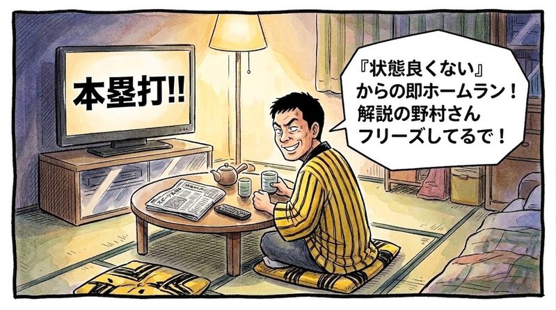 夜の茶の間で、テレビの野球中継(佐藤輝明選手の30号ホームラン)を見つめながら「『状態良くない』からの即ホームラン!解説の野村さんフリーズしてるで!」とニヤニヤしながら呟く黄色と黒の法被姿のお父ちゃんの一コマ漫画。水彩と色鉛筆の手書き風イラスト。16:9。