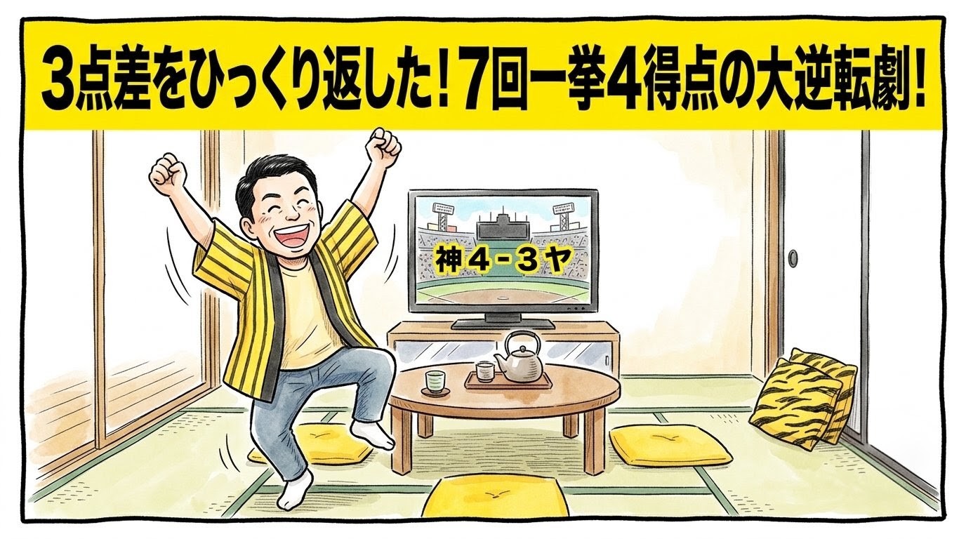 代替テキスト: 画面最上部に黄色の太いバナーで「３点差をひっくり返した！７回一挙４得点の大逆転劇！」と大きく書かれた、テレビの前で万歳をして踊るようにはしゃぐお父ちゃんの一コマ漫画風アイキャッチ画像。引きの構図。16:9。