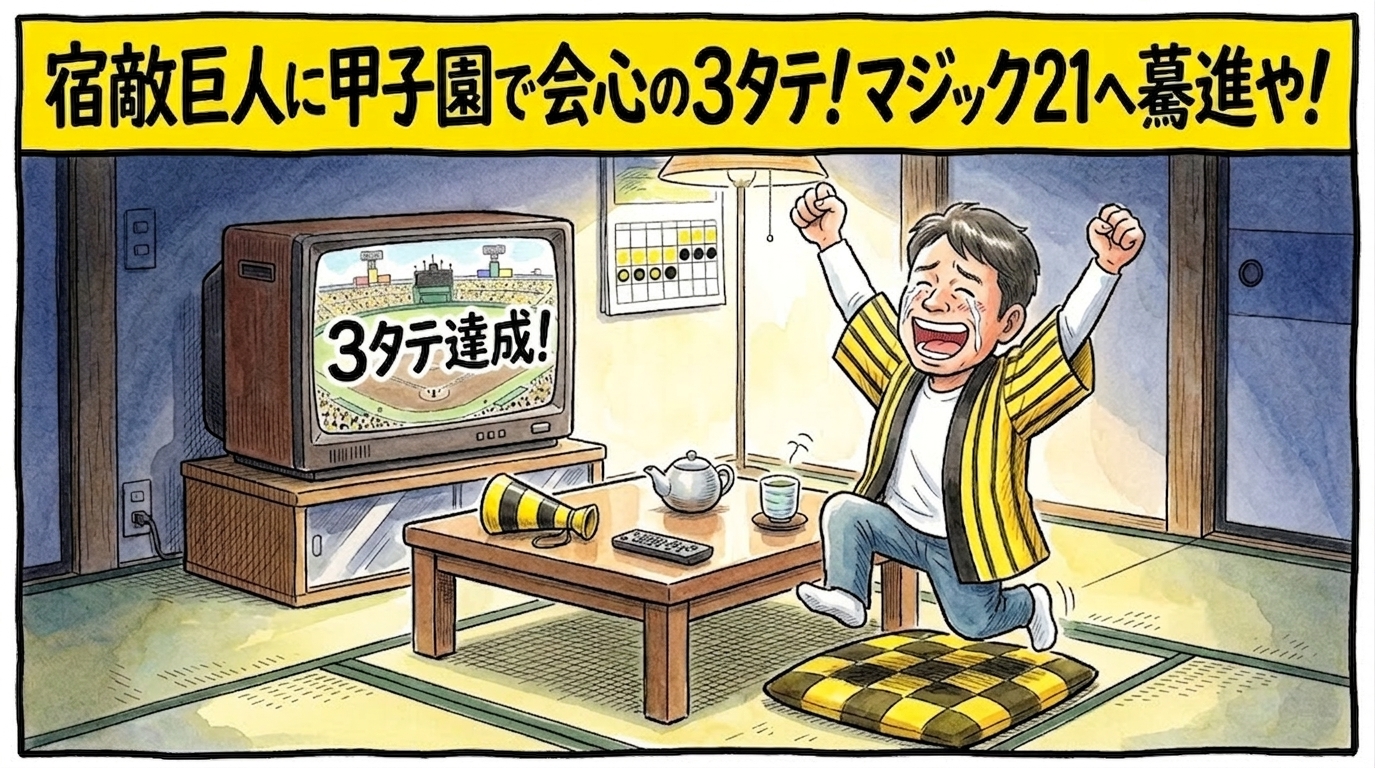 最上部に黄色いバナーで「宿敵巨人に甲子園で会心の3タテ！マジック21へ驀進や！」と黒文字で大きく書かれた一コマ漫画風アイキャッチ画像。和室の茶の間で、黄色と黒の縦縞法被を着たお父ちゃんが、テレビ画面に「3タテ達成！」の大きな文字が映るのを見て、ちゃぶ台から飛び上がってバンザイをし、歓喜の涙を流している様子を描いた引きの構図。水彩と色鉛筆の手書きイラスト風で、マジックペンで描いたような太いコマ枠で囲まれている。アスペクト比16:9。