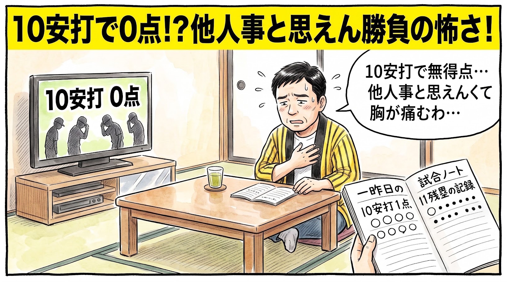 画面最上部に黄色の太いバナーで「10安打で0点！？他人事と思えん勝負の怖さ！」と大きく書かれた、テレビに映る「10安打無得点」のスコアと手元の「10安打1点」の星取表を見比べながら、胸を押さえて複雑な顔で見つめる人物（お父ちゃん）を描いた一コマ漫画風アイキャッチ画像。引きの構図。16:9。