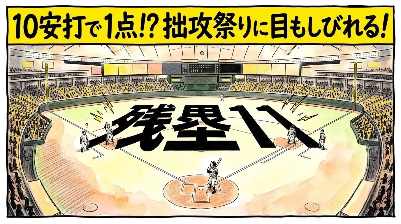 画面最上部に黄色の太いバナーで「10安打で1点！？拙攻祭りに目もしびれる！」と大きく書かれた、ドーム球場のグラウンド全体に「残塁11」という巨大な黒い影が覆いかぶさり、満塁で内野フライを打ち上げた選手たちが呆然と立つブラックジョーク風の一コマ漫画アイキャッチ画像。引きの構図。16:9。
