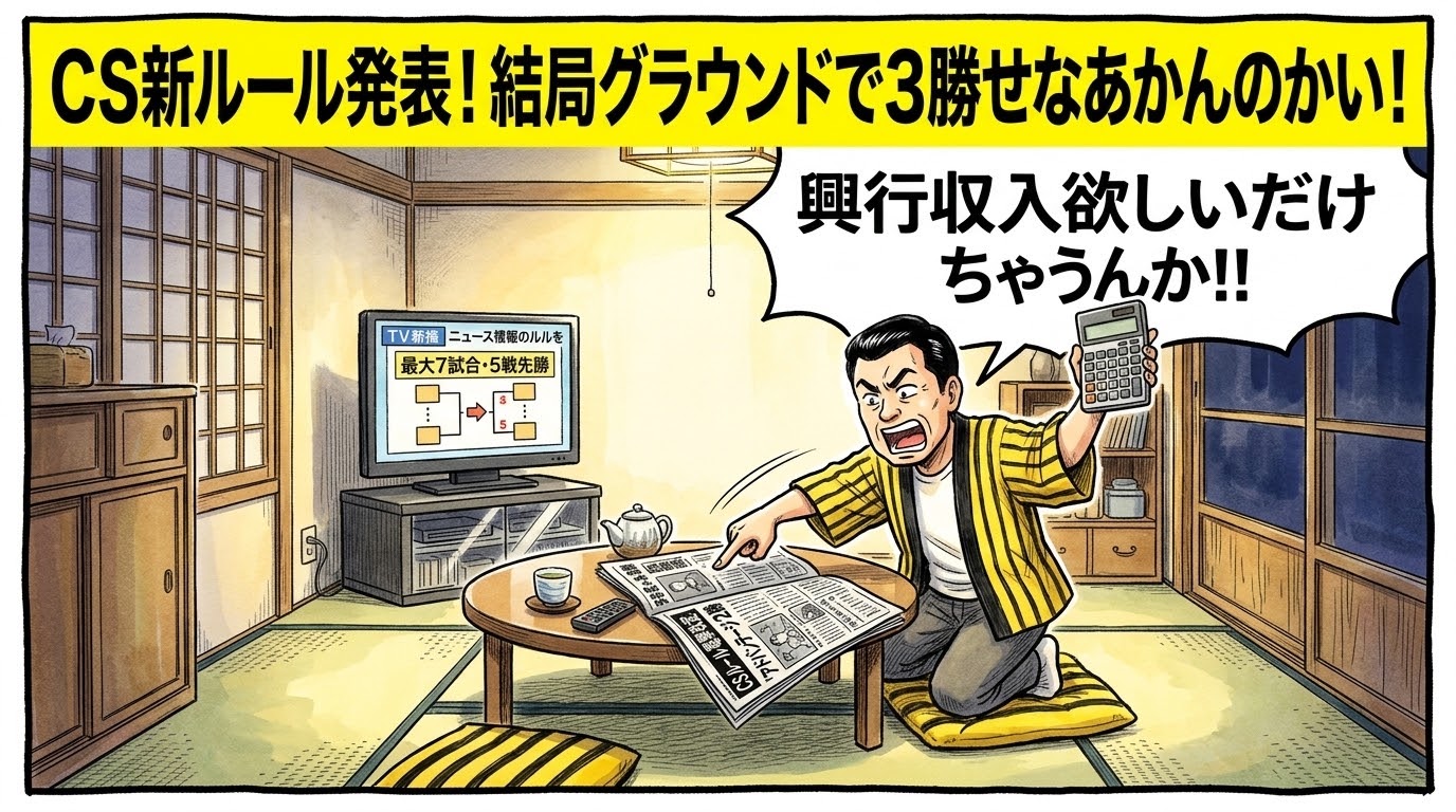 画面最上部の黄色い極太バナーに「CS新ルール発表！結局グラウンドで3勝せなあかんのかい！」と大きく書かれた、茶の間でテーブルの上に広げた新聞のCSルール改定見出しとテレビを見ながら、片手に電卓を掲げて「興行収入欲しいだけちゃうんか！」と猛烈にツッコミを入れる黄色と黒の法被姿のお父ちゃんを描いた一コマ漫画アイキャッチ画像。引きの構図。16:9。