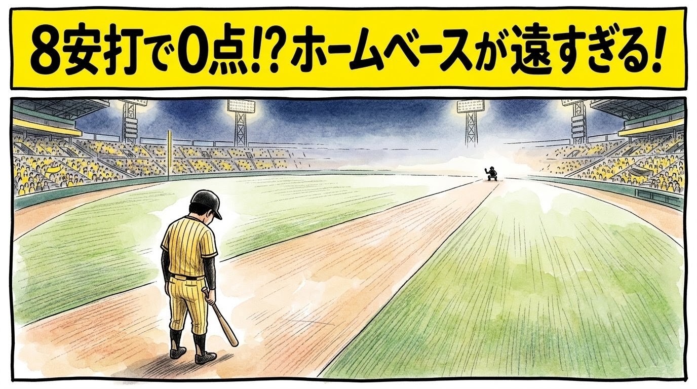 画面最上部に黄色の太いバナーで「8安打で0点！？ホームベースが遠すぎる！」と大きく書かれ、地平線の彼方まで果てしなく伸びたグラウンドと、遠くかすむホームベースをバットを持った走者が絶望そうに見つめているブラックジョーク風の一コマ漫画アイキャッチ画像。引きの構図。16:9。
