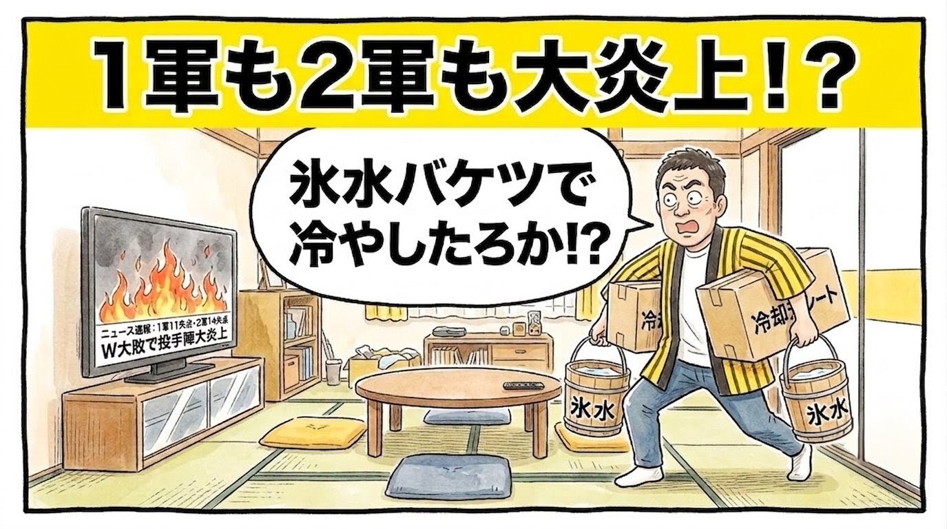 鮮やかな黄色の極太バナーに「1軍も2軍も大炎上！？」と大きく書かれた、一コマ漫画風のアイキャッチ画像。テレビの「W大敗」ニュースを見た人物（お父ちゃん）が、両手に巨大な氷水バケツを持ち、大量の冷却シートの箱を抱えて今にも飛び出そうとしているコメディタッチの引きの構図。16:9。